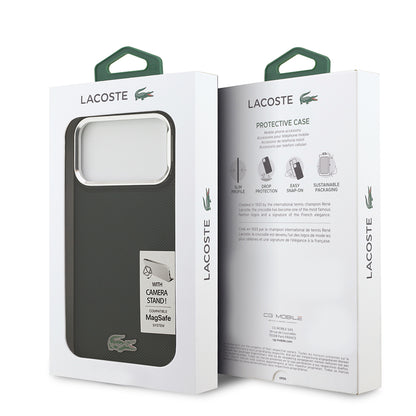 iPhone 17 Pro Max Kılıf Lacoste Orjinal Lisanslı M-safe Şarj Özellikli PU Pike Desenli Standlı Metal Logolu Kapak