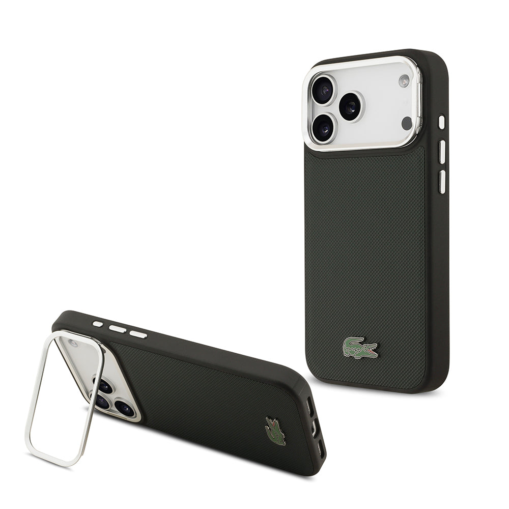 iPhone 17 Pro Max Kılıf Lacoste Orjinal Lisanslı M-safe Şarj Özellikli PU Pike Desenli Standlı Metal Logolu Kapak