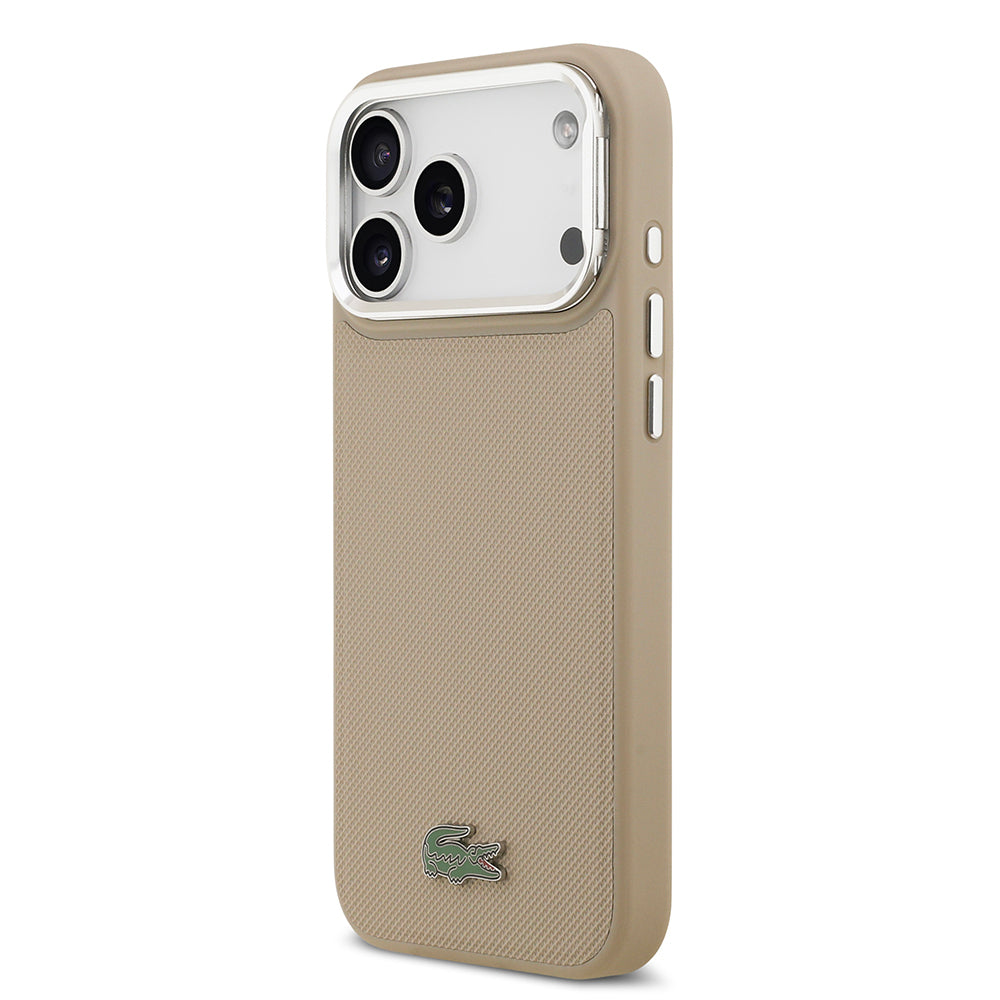 iPhone 17 Pro Max Kılıf Lacoste Orjinal Lisanslı M-safe Şarj Özellikli PU Pike Desenli Standlı Metal Logolu Kapak