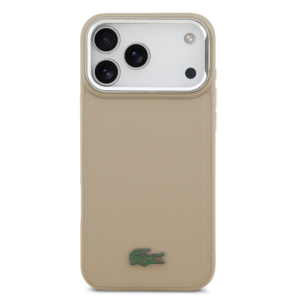iPhone 17 Pro Max Kılıf Lacoste Orjinal Lisanslı M-safe Şarj Özellikli PU Pike Desenli Standlı Metal Logolu Kapak