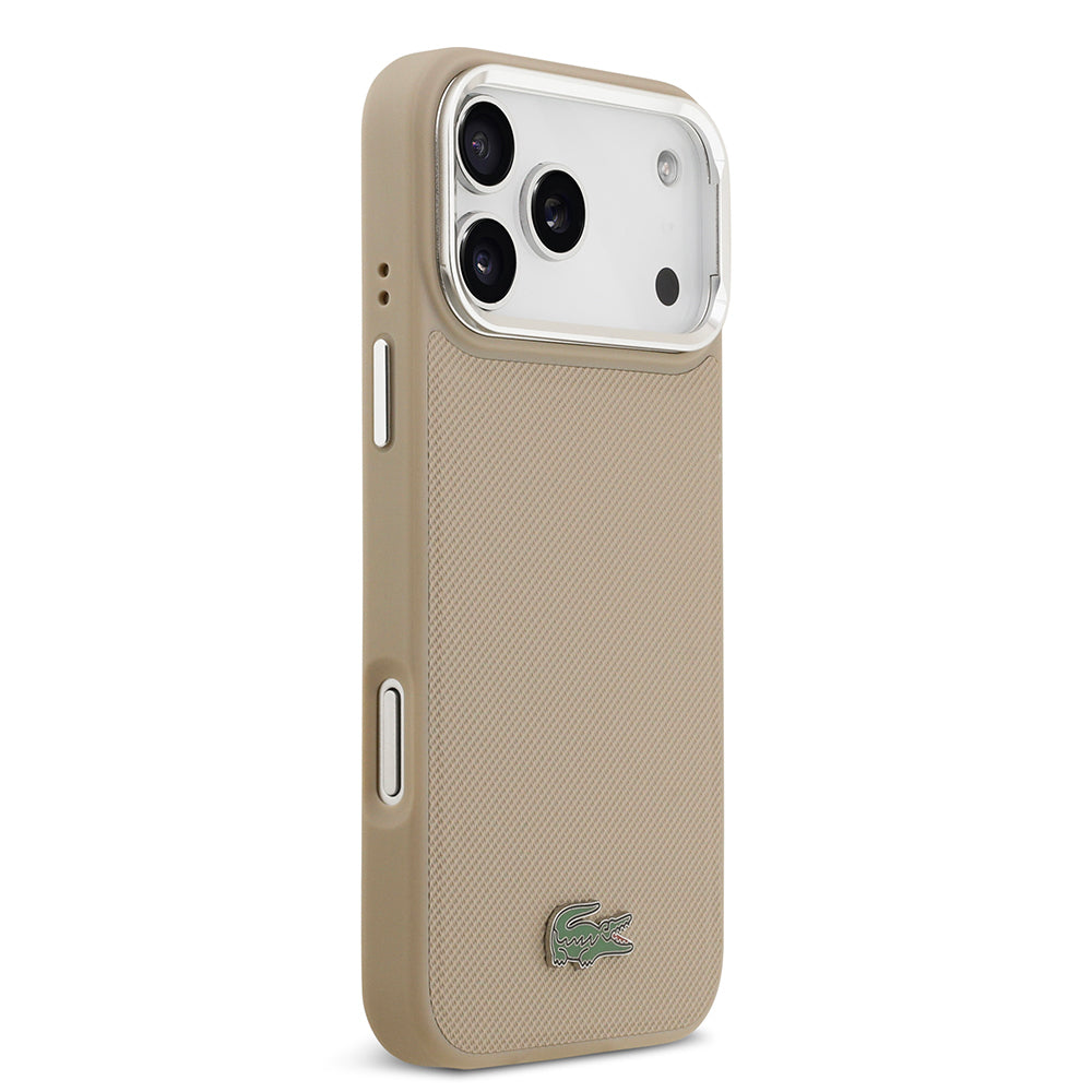 iPhone 17 Pro Max Kılıf Lacoste Orjinal Lisanslı M-safe Şarj Özellikli PU Pike Desenli Standlı Metal Logolu Kapak