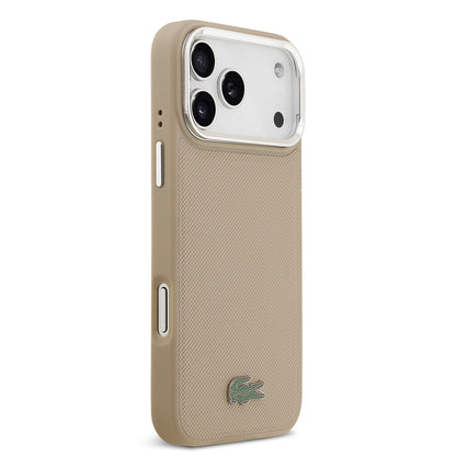 iPhone 17 Pro Max Kılıf Lacoste Orjinal Lisanslı M-safe Şarj Özellikli PU Pike Desenli Standlı Metal Logolu Kapak