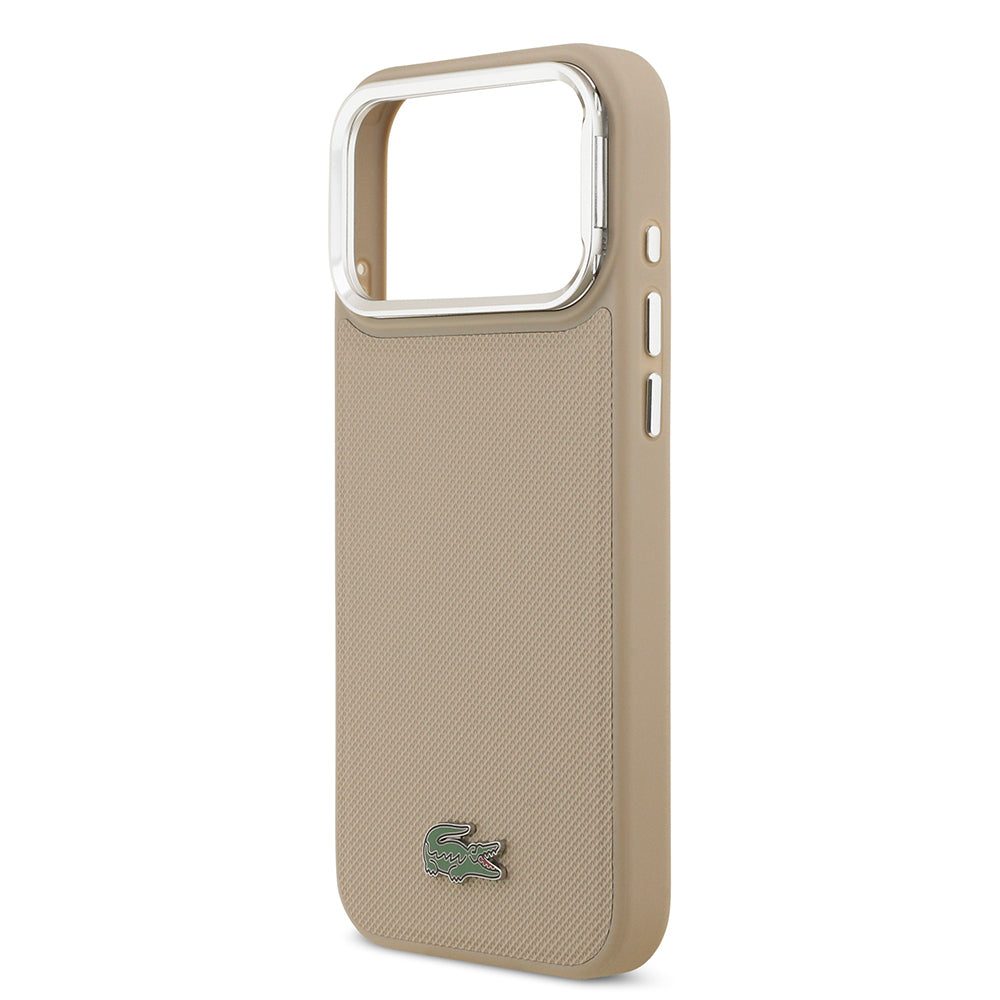 iPhone 17 Pro Max Kılıf Lacoste Orjinal Lisanslı M-safe Şarj Özellikli PU Pike Desenli Standlı Metal Logolu Kapak