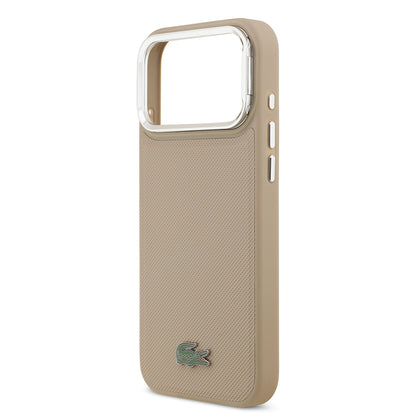 iPhone 17 Pro Max Kılıf Lacoste Orjinal Lisanslı M-safe Şarj Özellikli PU Pike Desenli Standlı Metal Logolu Kapak