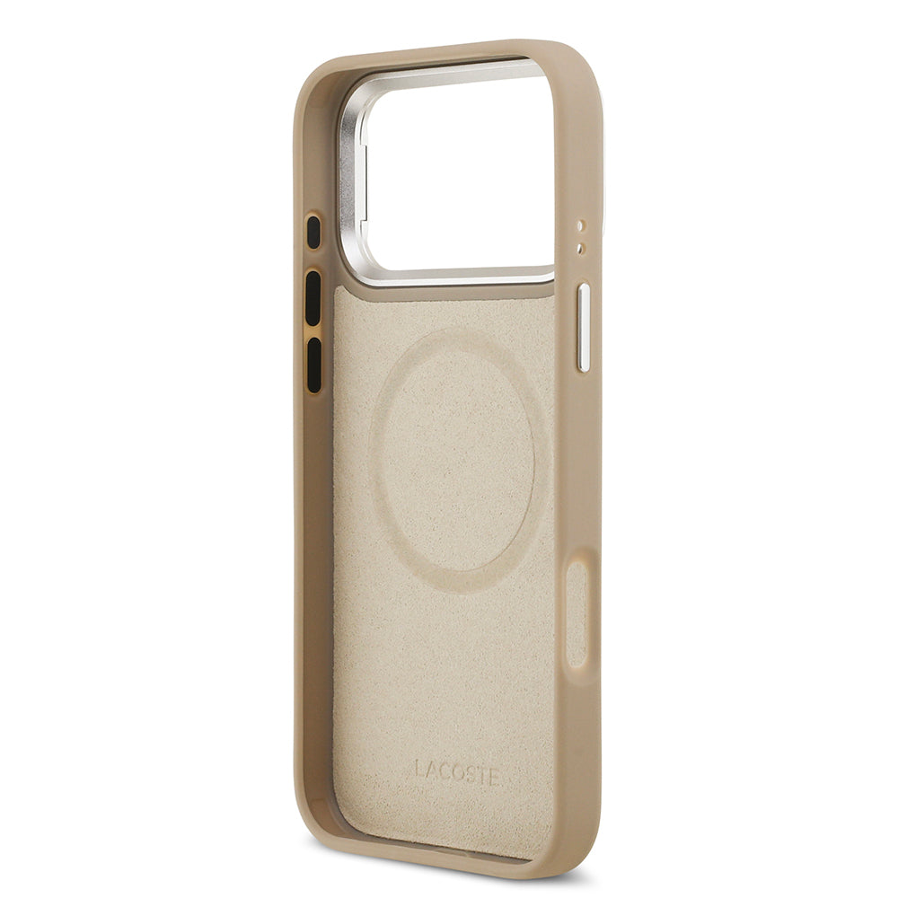 iPhone 17 Pro Max Kılıf Lacoste Orjinal Lisanslı M-safe Şarj Özellikli PU Pike Desenli Standlı Metal Logolu Kapak