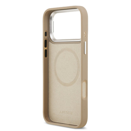 iPhone 17 Pro Max Kılıf Lacoste Orjinal Lisanslı M-safe Şarj Özellikli PU Pike Desenli Standlı Metal Logolu Kapak