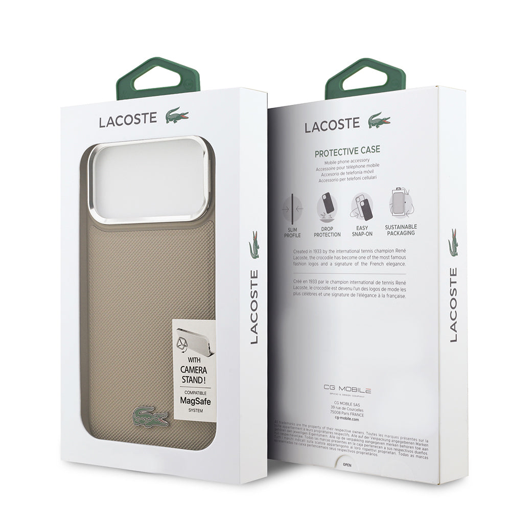 iPhone 17 Pro Max Kılıf Lacoste Orjinal Lisanslı M-safe Şarj Özellikli PU Pike Desenli Standlı Metal Logolu Kapak