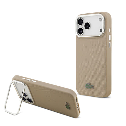 iPhone 17 Pro Max Kılıf Lacoste Orjinal Lisanslı M-safe Şarj Özellikli PU Pike Desenli Standlı Metal Logolu Kapak