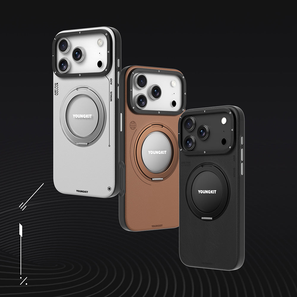 iPhone 17 Pro Max Kılıf M-safe Şarj Özellikli 360 Derece Standlı Basit Mat Deri Desenli Youngkit Tech Leather Serisi Kapak
