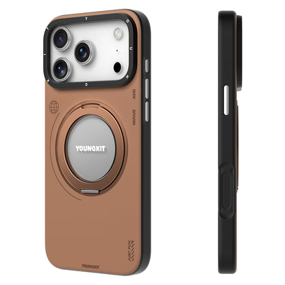iPhone 17 Pro Max Kılıf M-safe Şarj Özellikli 360 Derece Standlı Basit Mat Deri Desenli Youngkit Tech Leather Serisi Kapak
