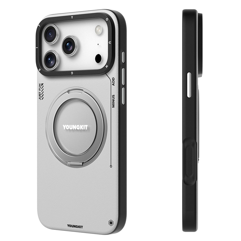 iPhone 17 Pro Max Kılıf M-safe Şarj Özellikli 360 Derece Standlı Basit Mat Deri Desenli Youngkit Tech Leather Serisi Kapak