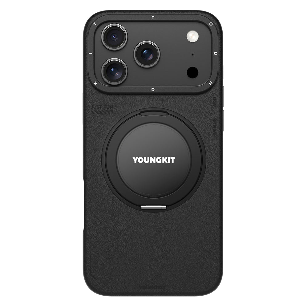 iPhone 17 Pro Max Kılıf M-safe Şarj Özellikli 360 Derece Standlı Basit Mat Deri Desenli Youngkit Tech Leather Serisi Kapak