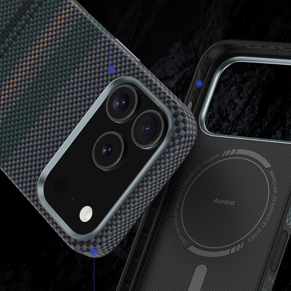 iPhone 17 Pro Max Kılıf M-safe Şarj Özellikli Karbon Fiber Tasarımlı Benks Aurora ArmorPro Kevlar Kapak