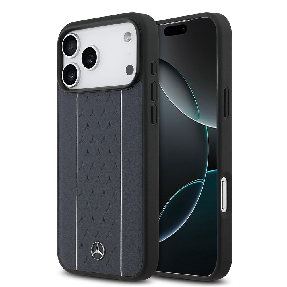 iPhone 17 Pro Max Kılıf Mercedes Benz Orjinal Lisanslı M-safe Şarj Özellikli Şeritli Yıldız Desenli Metal Logolu Deri Kapak