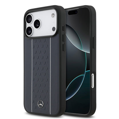 iPhone 17 Pro Max Kılıf Mercedes Benz Orjinal Lisanslı M-safe Şarj Özellikli Şeritli Yıldız Desenli Metal Logolu Deri Kapak