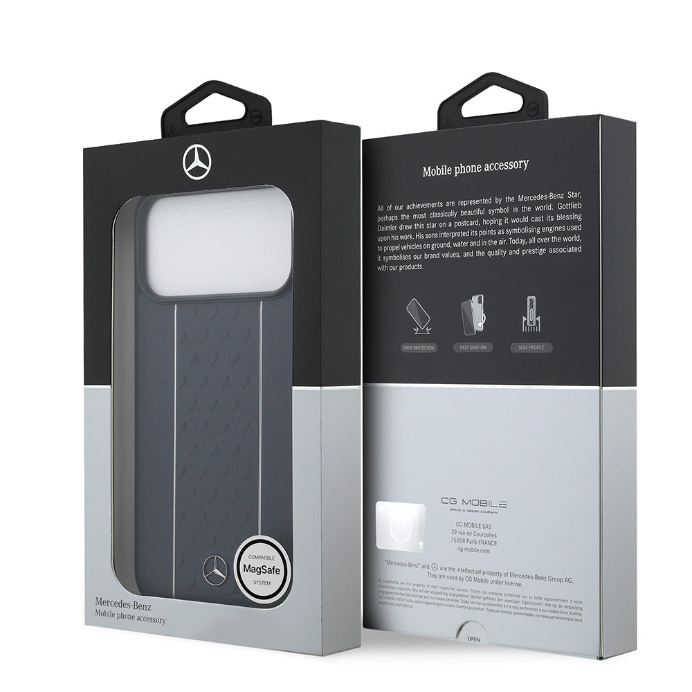 iPhone 17 Pro Max Kılıf Mercedes Benz Orjinal Lisanslı M-safe Şarj Özellikli Şeritli Yıldız Desenli Metal Logolu Deri Kapak