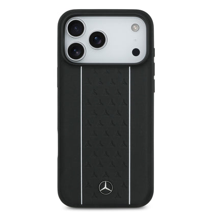 iPhone 17 Pro Max Kılıf Mercedes Benz Orjinal Lisanslı M-safe Şarj Özellikli Şeritli Yıldız Desenli Metal Logolu Deri Kapak