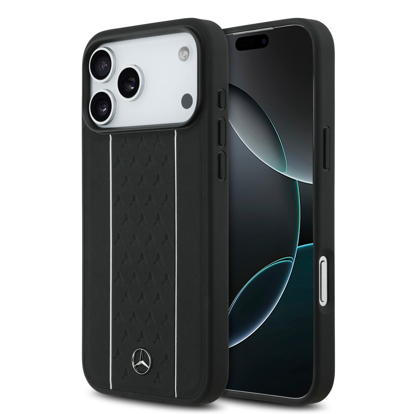 iPhone 17 Pro Max Kılıf Mercedes Benz Orjinal Lisanslı M-safe Şarj Özellikli Şeritli Yıldız Desenli Metal Logolu Deri Kapak