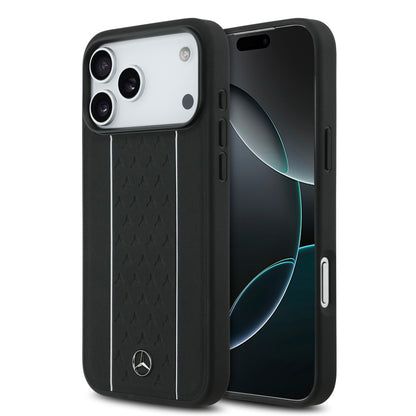 iPhone 17 Pro Max Kılıf Mercedes Benz Orjinal Lisanslı M-safe Şarj Özellikli Şeritli Yıldız Desenli Metal Logolu Deri Kapak