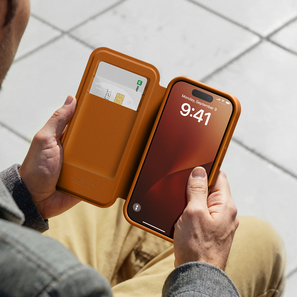 iPhone 17 Pro Max PU Kartlıklı Kapaklı Amazingthing Glamour Foilo Serisi Kılıf