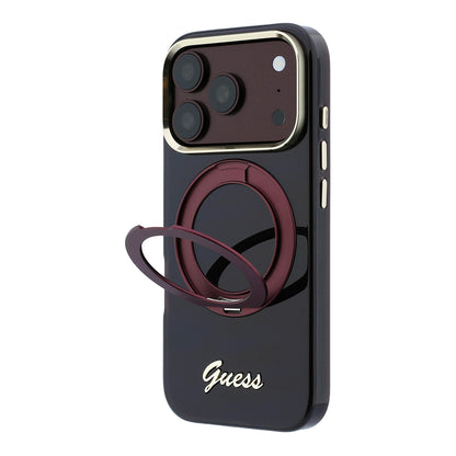 Apple iPhone 18 Pro Kılıf Guess Orjinal Lisanslı M-safe Şarj Özellikli 360 Derece Dönebilen Standlı Metal Yazı Logolu Silikon Kapak