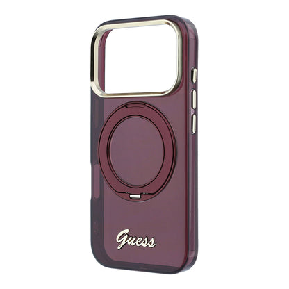 Apple iPhone 18 Pro Kılıf Guess Orjinal Lisanslı M-safe Şarj Özellikli 360 Derece Dönebilen Standlı Metal Yazı Logolu Silikon Kapak