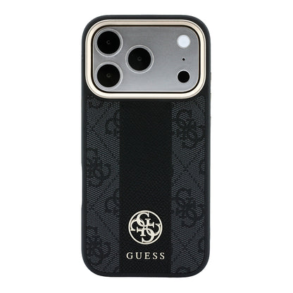 Apple iPhone 18 Pro Kılıf Guess Orjinal Lisanslı M-safe Şarj Özellikli Deri 4G Desenli Şeritli Yazı Logolu Kapak