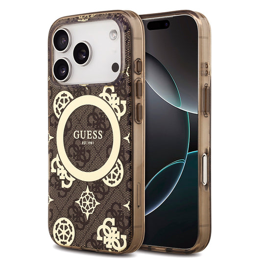 Apple iPhone 18 Pro Kılıf Guess Orjinal Lisanslı M-safe Şarj Özellikli IML Peony ve 4G Desenli Klasik Logolu Kapak