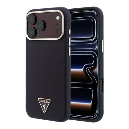 Apple iPhone 18 Pro Kılıf Guess Orjinal Lisanslı M-safe Şarj Özellikli PU Metal Üçgen Logolu Karbon Fiber Kevlar Kapak