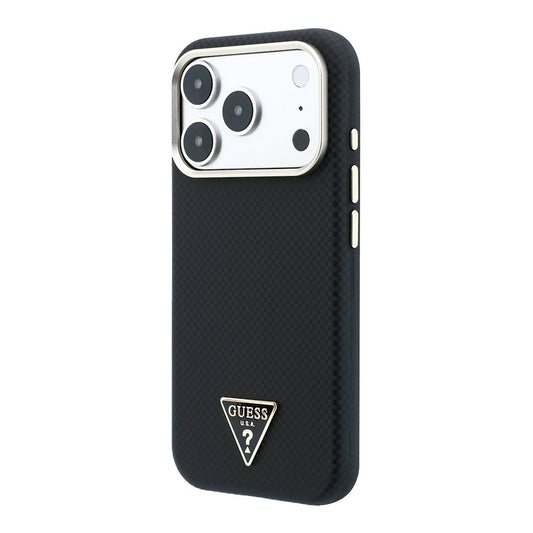 Apple iPhone 18 Pro Kılıf Guess Orjinal Lisanslı M-safe Şarj Özellikli PU Metal Üçgen Logolu Karbon Fiber Kevlar Kapak