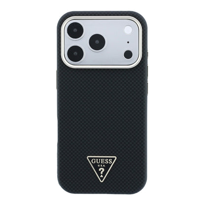 Apple iPhone 18 Pro Kılıf Guess Orjinal Lisanslı M-safe Şarj Özellikli PU Metal Üçgen Logolu Karbon Fiber Kevlar Kapak