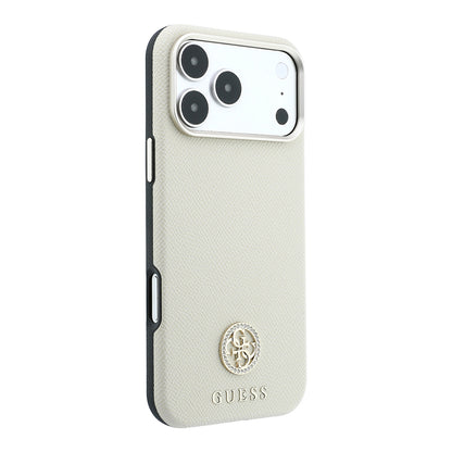 Apple iPhone 18 Pro Kılıf Guess Orjinal Lisanslı M-safe Şarj Özellikli PU Taşlı Metal 4G ve Yazı Logolu Kapak