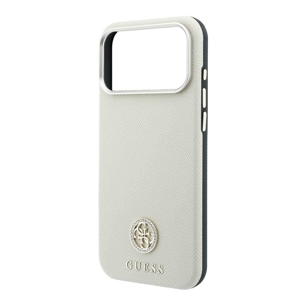 Apple iPhone 18 Pro Kılıf Guess Orjinal Lisanslı M-safe Şarj Özellikli PU Taşlı Metal 4G ve Yazı Logolu Kapak