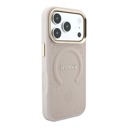 Apple iPhone 18 Pro Kılıf Guess Orjinal Lisanslı M-safe Şarj Özellikli Sıcak Baskılı Yazı Logolu C-Magnet PU Deri Peony Kapak