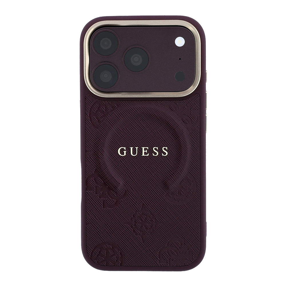 Apple iPhone 18 Pro Kılıf Guess Orjinal Lisanslı M-safe Şarj Özellikli Sıcak Baskılı Yazı Logolu C-Magnet PU Deri Peony Kapak