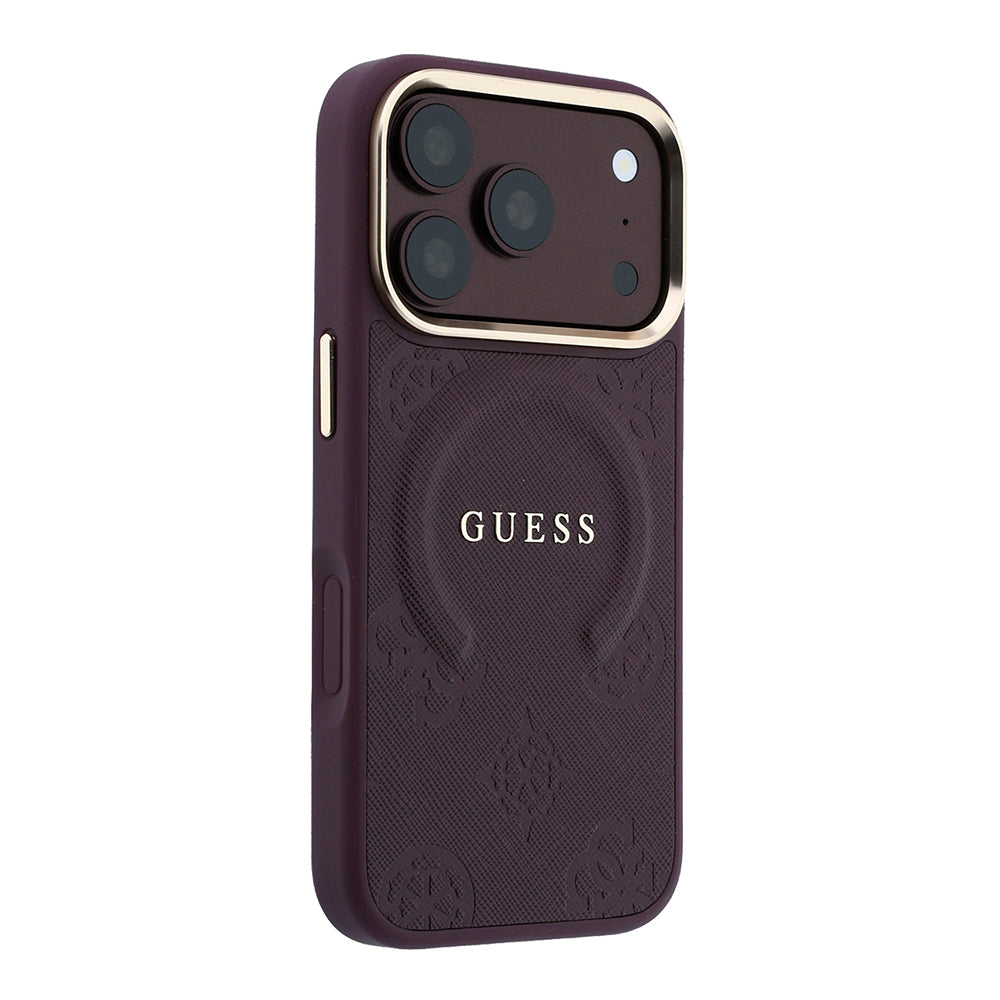 Apple iPhone 18 Pro Kılıf Guess Orjinal Lisanslı M-safe Şarj Özellikli Sıcak Baskılı Yazı Logolu C-Magnet PU Deri Peony Kapak