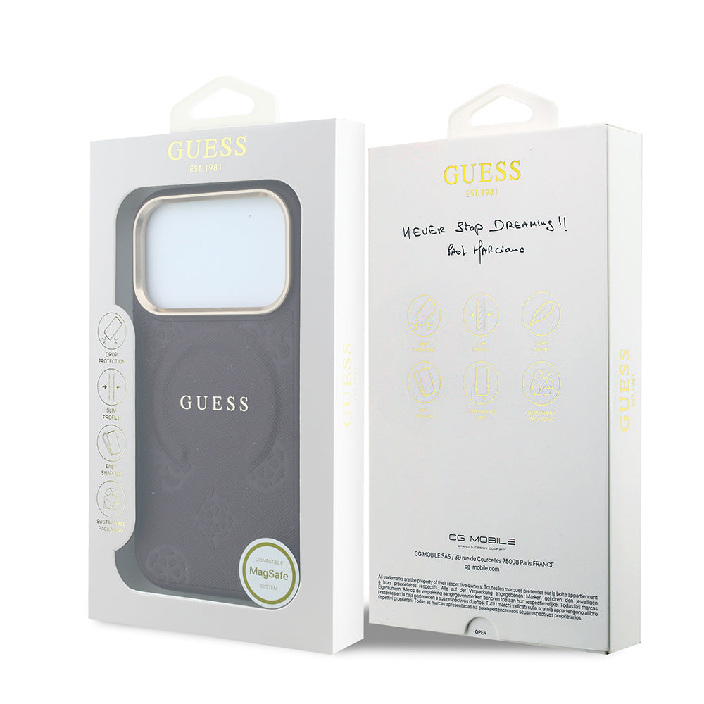Apple iPhone 18 Pro Kılıf Guess Orjinal Lisanslı M-safe Şarj Özellikli Sıcak Baskılı Yazı Logolu C-Magnet PU Deri Peony Kapak