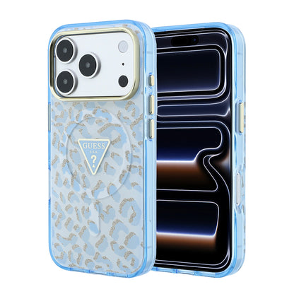 Apple iPhone 18 Pro Kılıf Guess Orjinal Lisanslı M-safe Şarj Özellikli Üçgen Logolu Simli Leopar Desenli Kapak