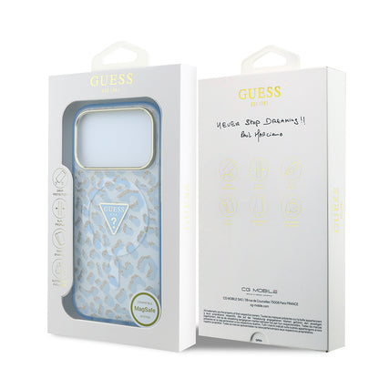 Apple iPhone 18 Pro Kılıf Guess Orjinal Lisanslı M-safe Şarj Özellikli Üçgen Logolu Simli Leopar Desenli Kapak