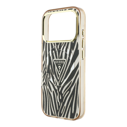 Apple iPhone 18 Pro Kılıf Guess Orjinal Lisanslı M-safe Şarj Özellikli Üçgen Logolu Zebra Desenli Silikon Kapak