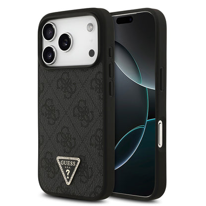 Apple iPhone 18 Pro Kılıf Guess Orjinal Lisanslı M-safe Şarj Özllikli PU Deri Taşlı Üçgen Logo 4G Desenli Strass Kapak
