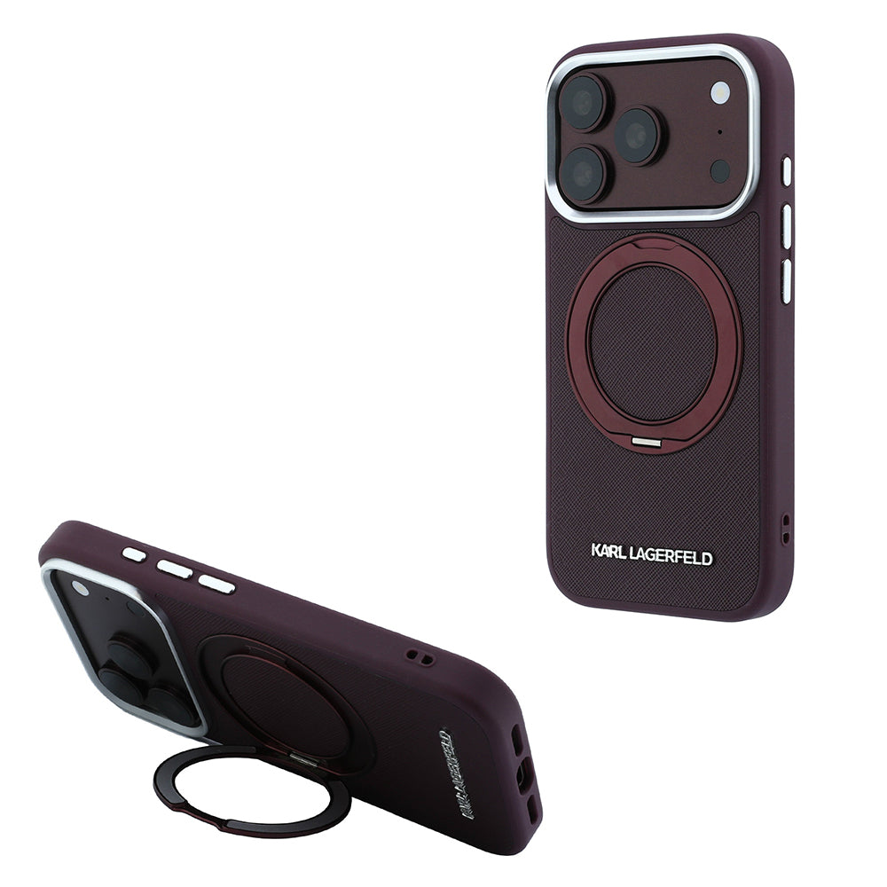 Apple iPhone 18 Pro Kılıf Karl Lagerfeld Orjinal Lisanslı M-Safe Şarj Özellikli Metal Logolu PU Saffiano 360 Derece Dönebilen Standlı Kapak