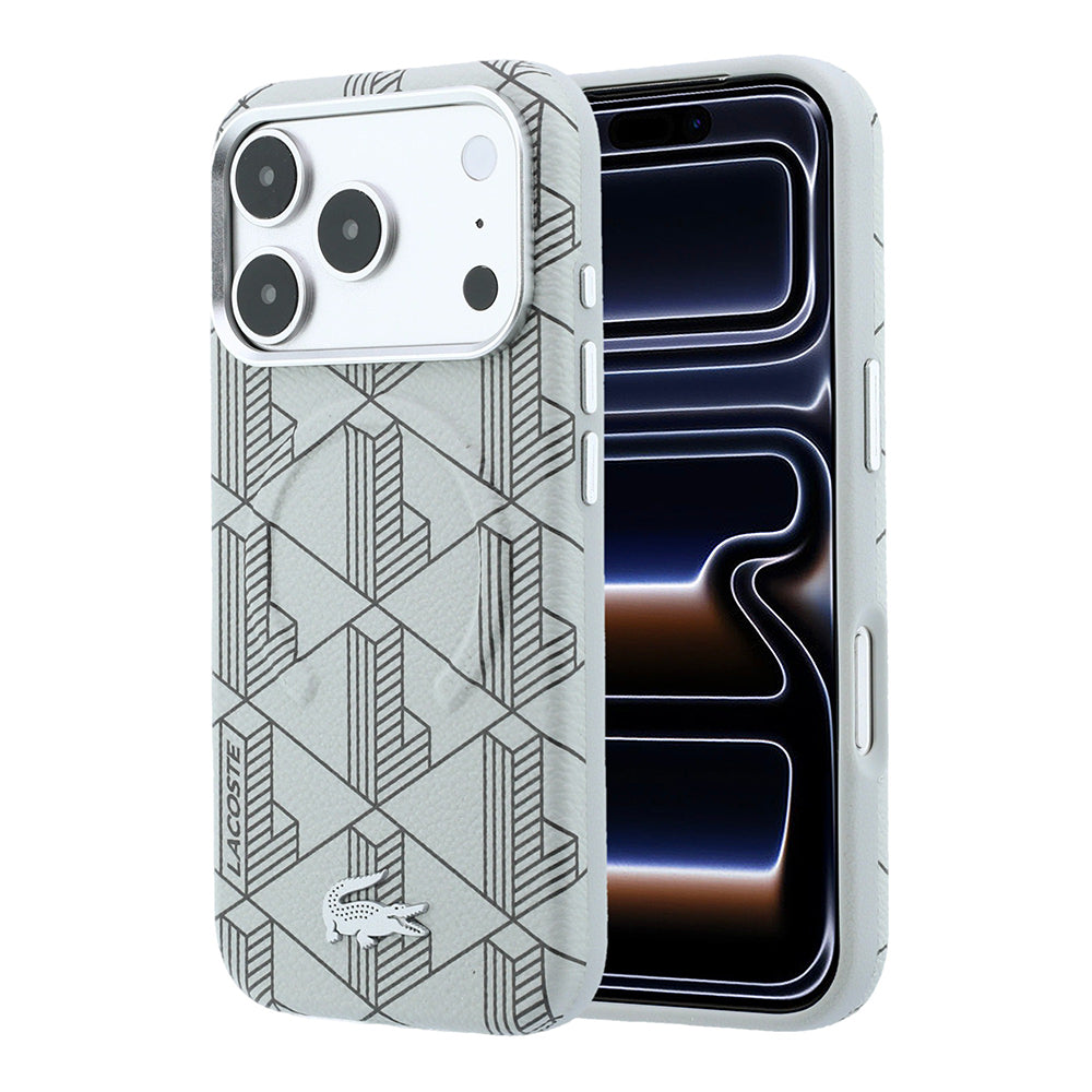 Apple iPhone 18 Pro Kılıf Lacoste Orjinal Lisanslı M-safe Şarj Özellikli Metal Logolu Deri Karışık Monogram Desenli Kapak