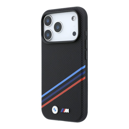 Apple iPhone 18 Pro Max Kılıf BMW Orjinal Lisanslı M-safe Şarj Özellikli Üç Şeritli Metal M Logolu Karbon Fiber Kevlar Kapak