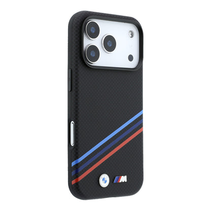 Apple iPhone 18 Pro Max Kılıf BMW Orjinal Lisanslı M-safe Şarj Özellikli Üç Şeritli Metal M Logolu Karbon Fiber Kevlar Kapak