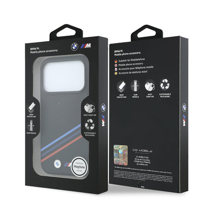Apple iPhone 18 Pro Max Kılıf BMW Orjinal Lisanslı M-safe Şarj Özellikli Üç Şeritli Metal M Logolu Karbon Fiber Kevlar Kapak