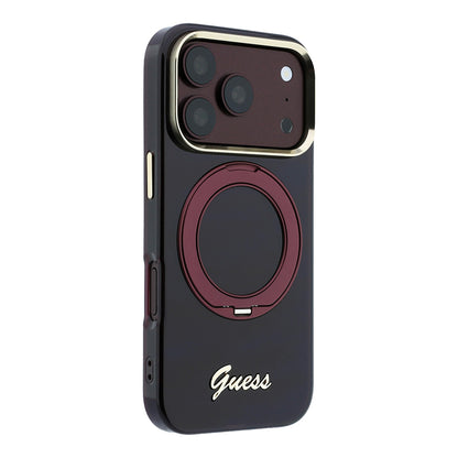 Apple iPhone 18 Pro Max Kılıf Guess Orjinal Lisanslı M-safe Şarj Özellikli 360 Derece Dönebilen Standlı Metal Yazı Logolu Silikon Kapak