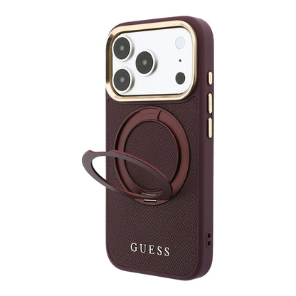 Apple iPhone 18 Pro Max Kılıf Guess Orjinal Lisanslı M-safe Şarj Özellikli 360 Derece Dönebilen Standlı PU Metal Yazı Logolu Kapak