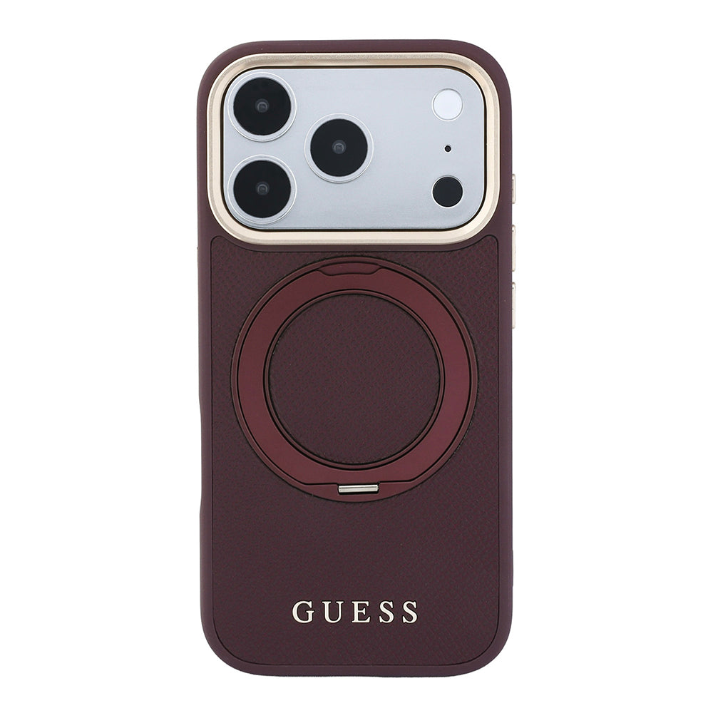 Apple iPhone 18 Pro Max Kılıf Guess Orjinal Lisanslı M-safe Şarj Özellikli 360 Derece Dönebilen Standlı PU Metal Yazı Logolu Kapak