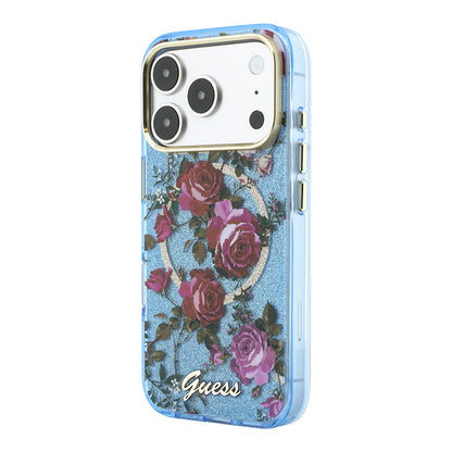 Apple iPhone 18 Pro Max Kılıf Guess Orjinal Lisanslı M-safe Şarj Özellikli Gül Desenli Simli Yazı Logolu Kapak